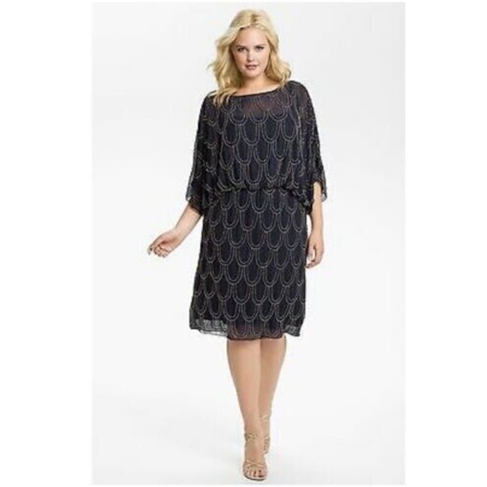 Cache’ Women’s Size 0 Beaded Blouson Chiffon Dress Navy Bronze‎